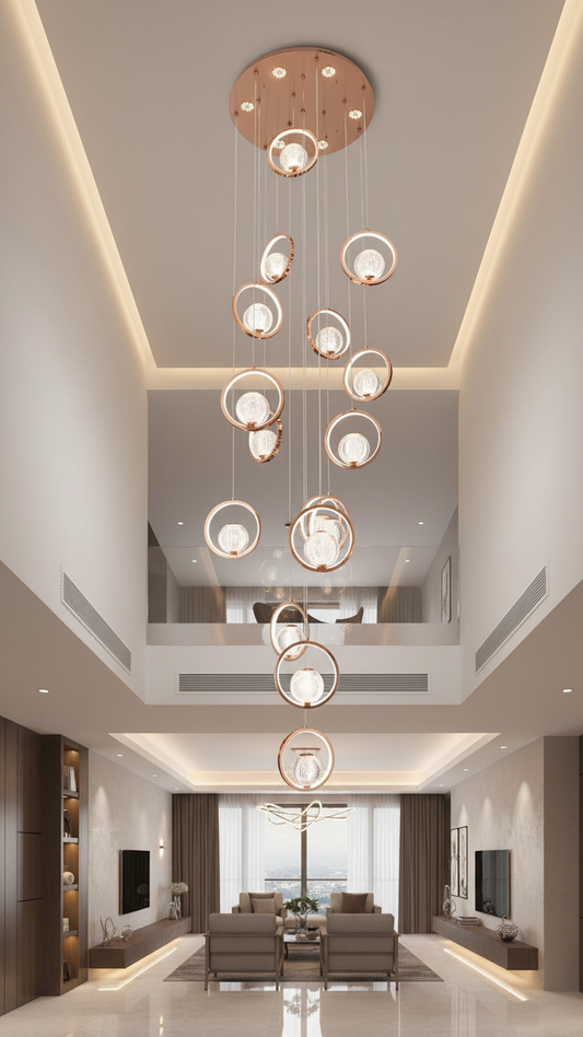 Swanart modern duplex crystal chandelier with rose gold ring design, LED pendant light hanging in a stylish living room setting