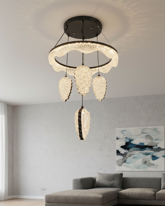 Swanart modern crystal ring chandelier hanging ceiling light with LED pendant, decorative crystal fixture for living, dining, or bedroom.