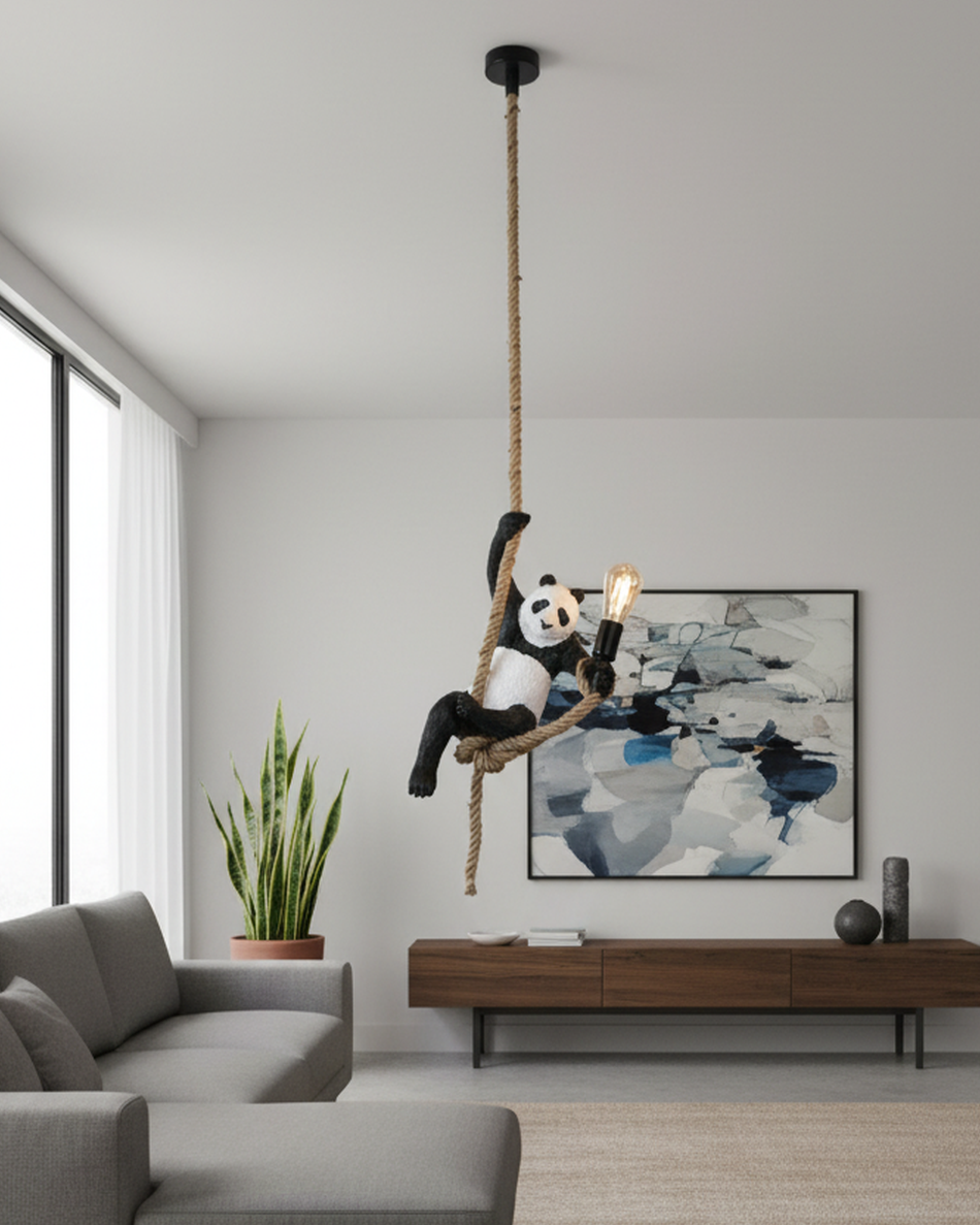 Swanart Panda hanging pendant light with rope, decorative animal ceiling lamp, modern fixture for living room or kids' room decor