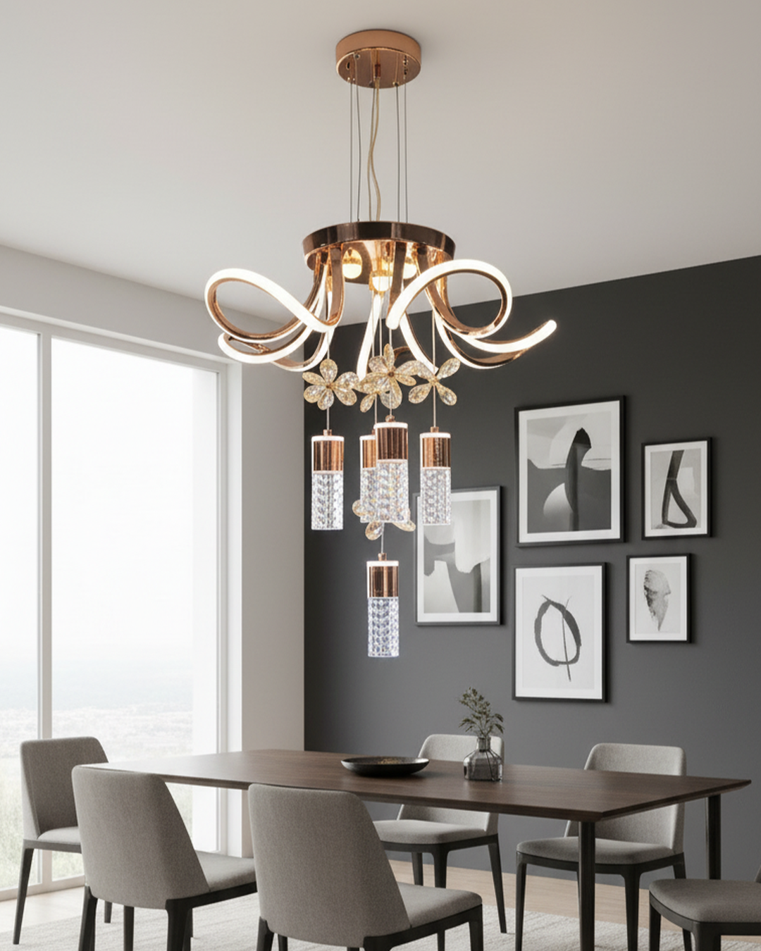 Swanart modern crystal LED chandelier in gold with floral design hanging pendant ceiling light for living room or bedroom decor