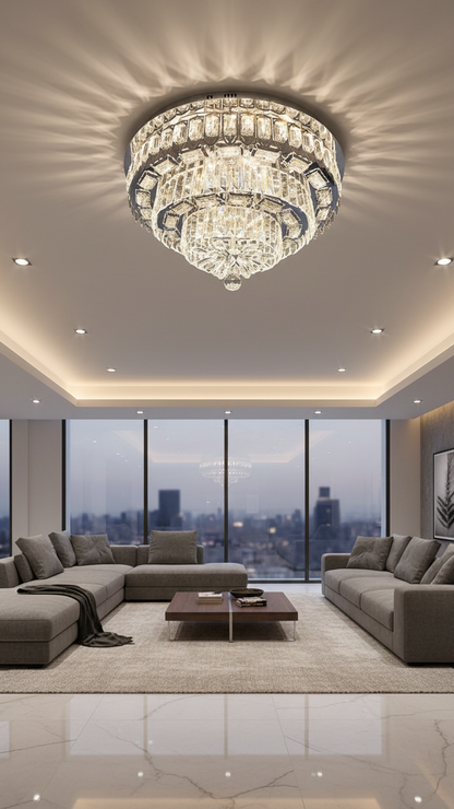 Swanart luxury 60cm flush mount crystal chandelier with 3 tiers and K9 crystals, elegant modern ceiling light for living rooms