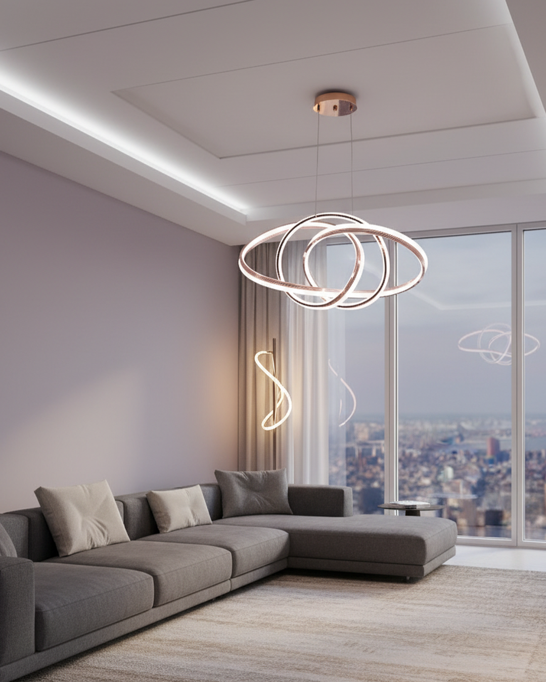 Swanart modern pendant light hanging in a stylish living room, featuring sleek design and elegant lighting for home decor.