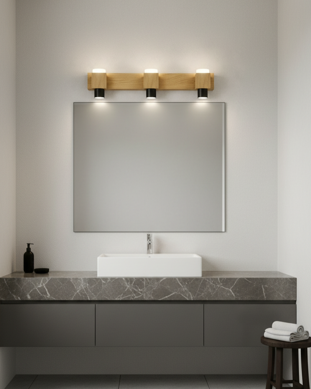 Swanart modern LED mirror light with 3 wooden wall sconces, warm white illumination, ideal for bathroom vanity or dressing table.