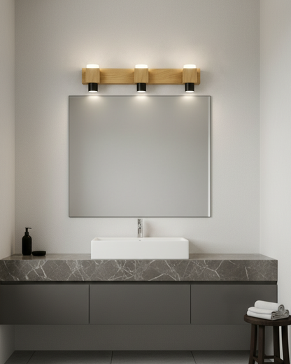 Swanart modern LED mirror light with 3 wooden wall sconces, warm white illumination, ideal for bathroom vanity or dressing table.