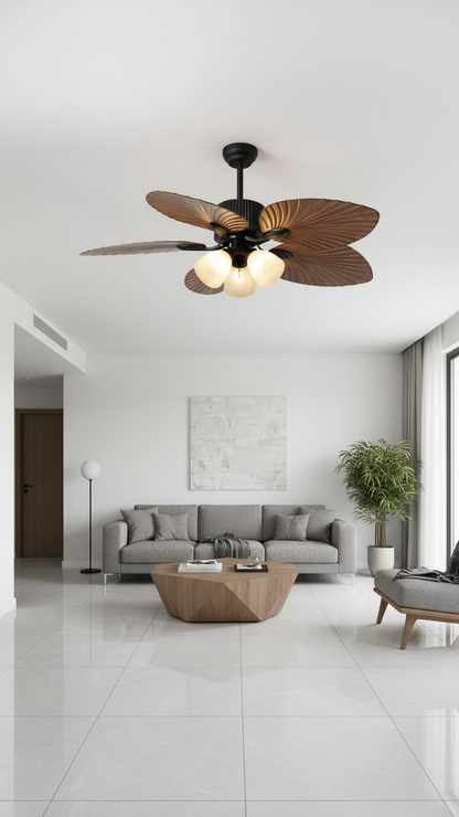 Swanart Tropical Leaf Ceiling Fan with Light, 5 Wooden Fiber Blade Decorative Ceiling Fan with 3 Glass Shades, Modern Designer Ceiling Fan for Living Room, Bedroom & Hall