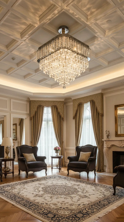 Modern square gold crystal chandelier by Swanart, multi-layer pendant ceiling light with hanging crystals for living, dining, or bedroom.