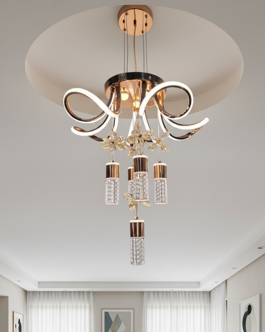 Swanart modern crystal LED chandelier with gold finish, floral design, hanging pendant ceiling light for living room or bedroom decor.