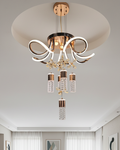 Swanart modern crystal LED chandelier with gold finish, floral design, hanging pendant ceiling light for living room or bedroom decor.