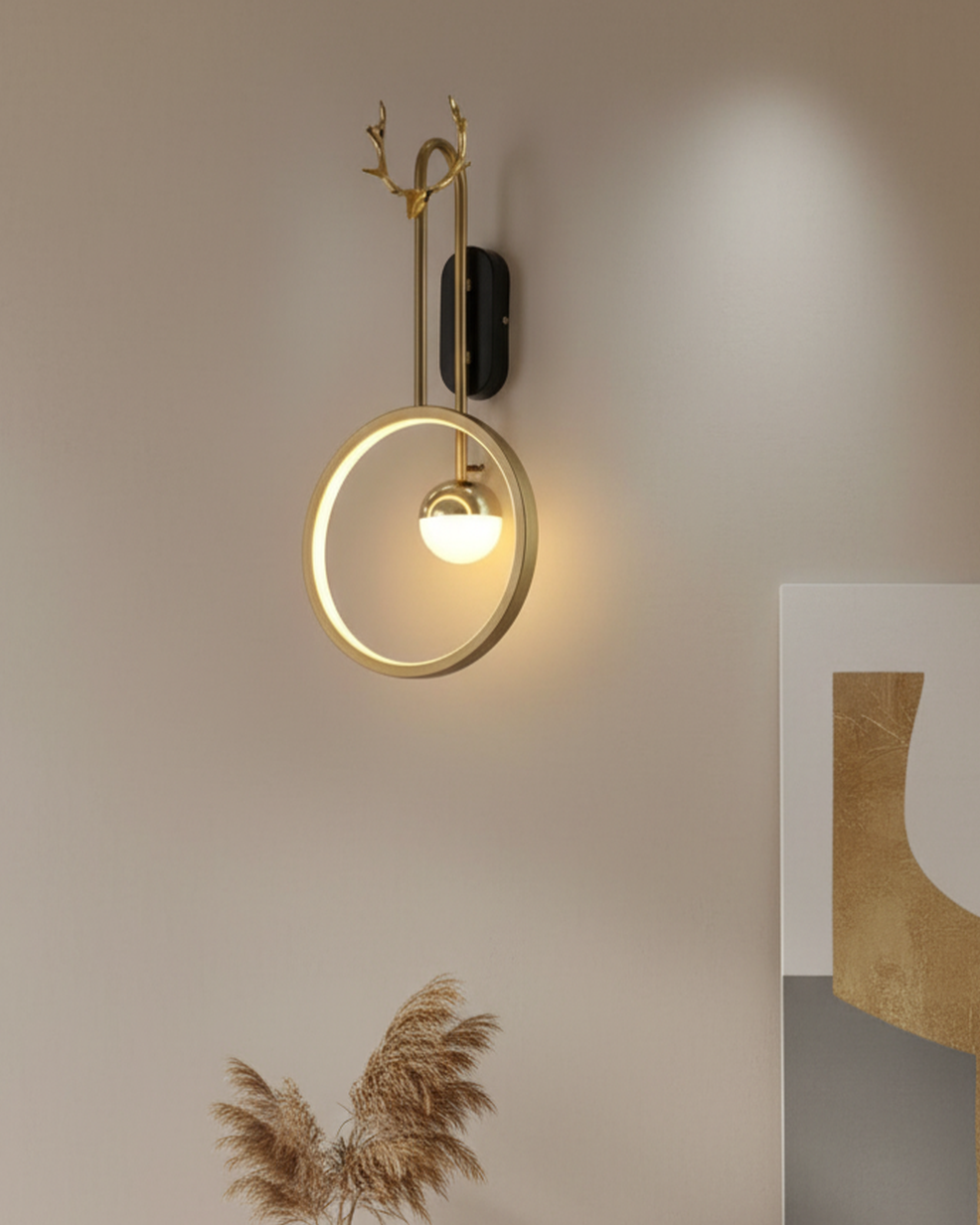 Swanart gold LED wall light with ring and deer antler decor, modern wall sconce for living room, bedroom, or hallway lighting.