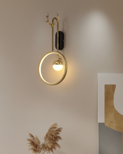 Swanart gold LED wall light with ring and deer antler decor, modern wall sconce for living room, bedroom, or hallway lighting.