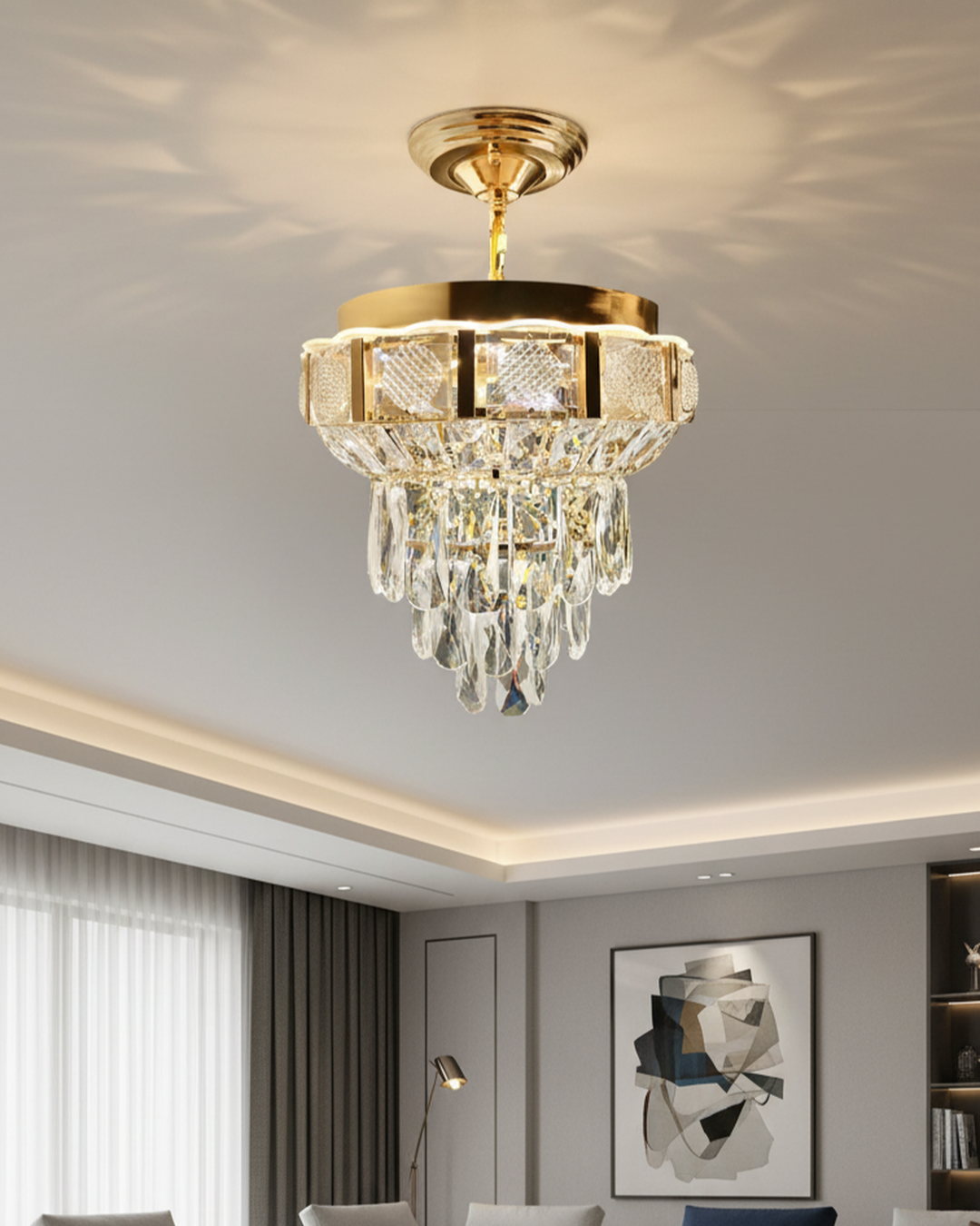 Swanart Crystal Pendant Chandelier Light hanging with multiple sparkling crystal drops and a sleek metal frame.