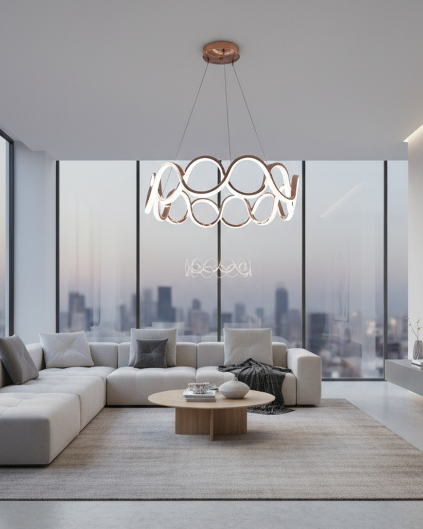 Swanart modern pendant light with sleek design, hanging in a contemporary living space, providing elegant ambient lighting