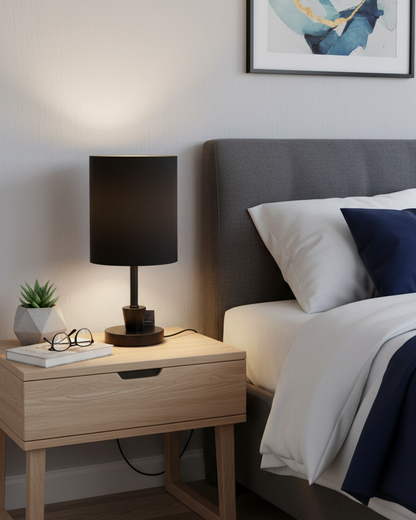 Swanart modern bedside table lamp with fabric shade, warm ambient lighting, minimalist design for bedroom, living room, or study.