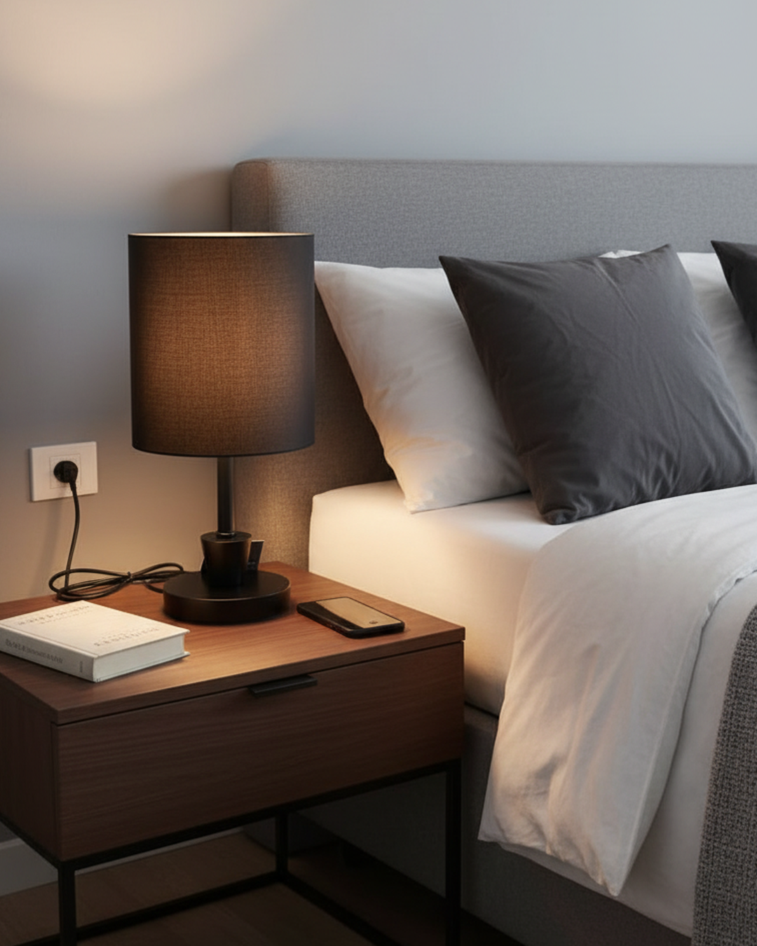 Swanart modern bedside table lamp with fabric shade, minimalist design, warm ambient lighting for bedroom, living room, or study.