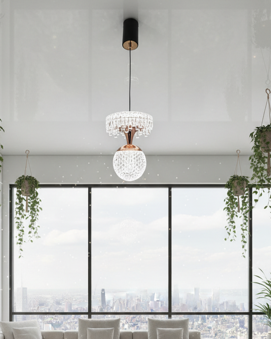Modern 2-tier crystal pendant light by Swanart featuring a black and rose gold design with elegant hanging crystal accents.