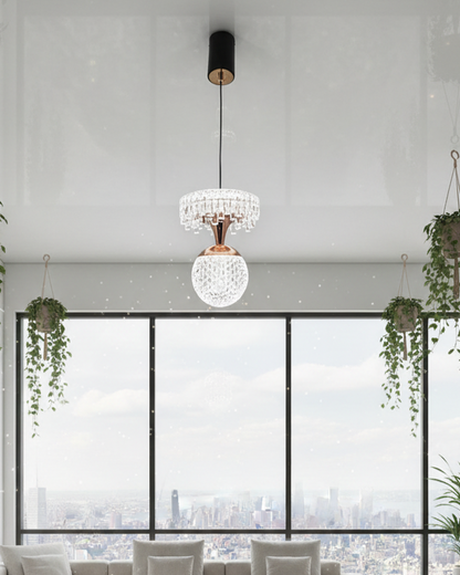 Modern 2-tier crystal pendant light by Swanart featuring a black and rose gold design with elegant hanging crystal accents.