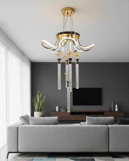 Swanart modern gold LED chandelier pendant light with crystal tubes, decorative hanging ceiling fixture for living rooms and bedrooms