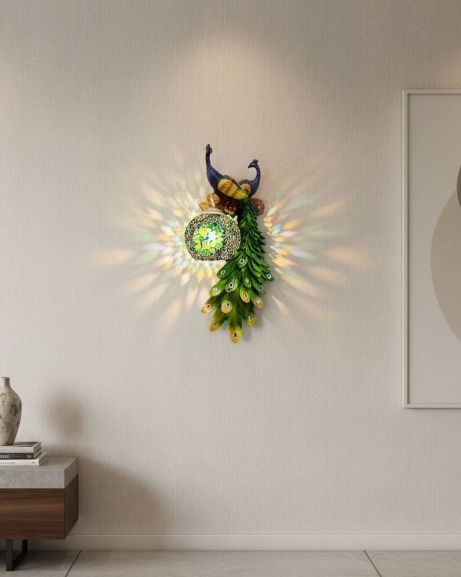 Swanart peacock wall light LED decorative sconce with bird design, warm ambient glow for living room, bedroom, or hallway decor.