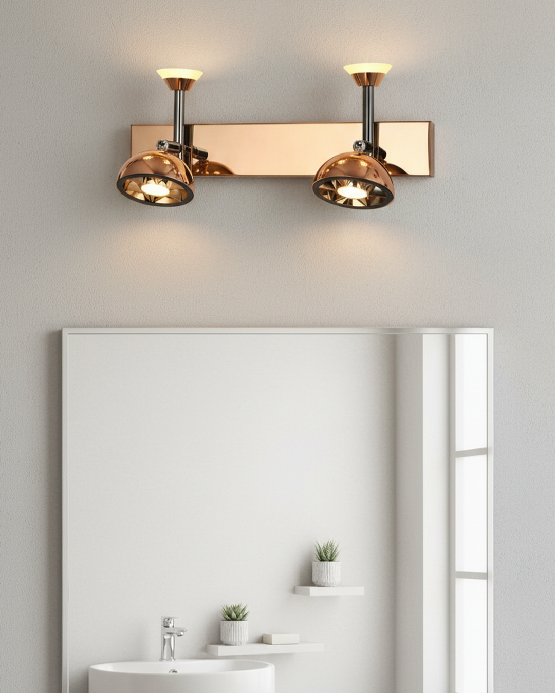 Swanart modern rose gold dual LED wall sconce with adjustable vanity lights, ideal for bathroom, bedroom, or living room decor.