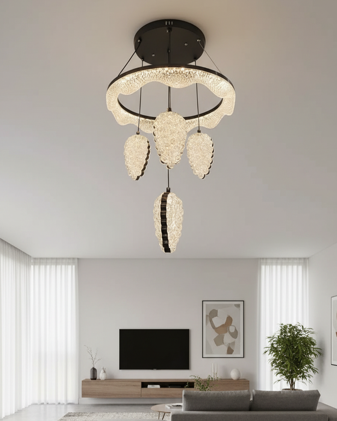 Swanart modern crystal ring chandelier with LED pendant lights hanging in a stylish living room, decorative ceiling fixture for home decor