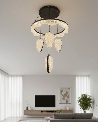 Swanart modern crystal ring chandelier with LED pendant lights hanging in a stylish living room, decorative ceiling fixture for home decor