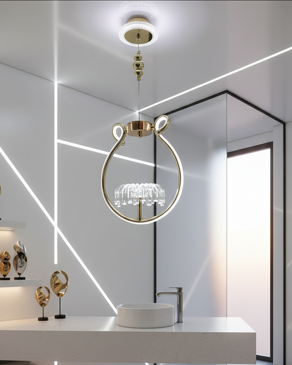 Swanart modern gold halo pendant light with glass rods, stylish LED hanging lamp with adjustable height for dining, living, or bedroom.
