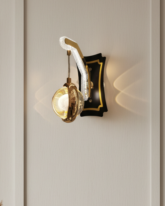 Swanart modern crystal wall light LED sconce with golden finish, stylish indoor lighting for living room, bedroom, or hallway.