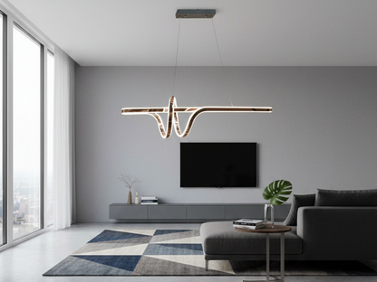 Swanart modern LED wave pendant chandelier hanging above a dining table, contemporary decorative lighting fixture in a stylish living room.