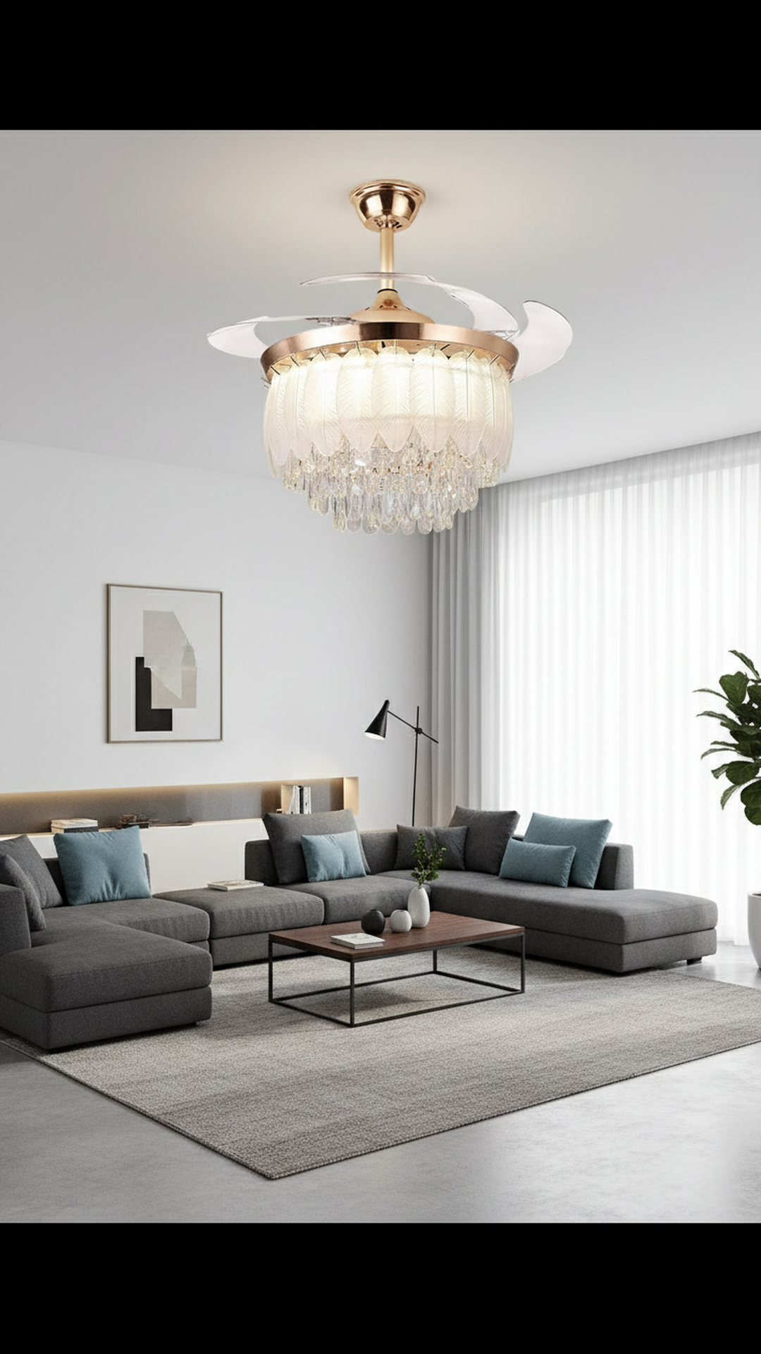 Swanart Luxury Feather Crystal Ceiling Fan with Light, Modern Gold LED Chandelier Fan, Retractable Blades, Decorative Home Lighting for Living Room, Bedroom & Hall