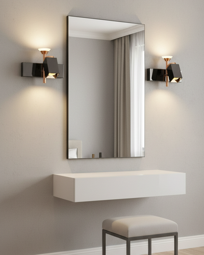 Swanart modern black and rose gold wall sconce with dual LED lights, adjustable angles, ideal for living room, bedroom, or office decor