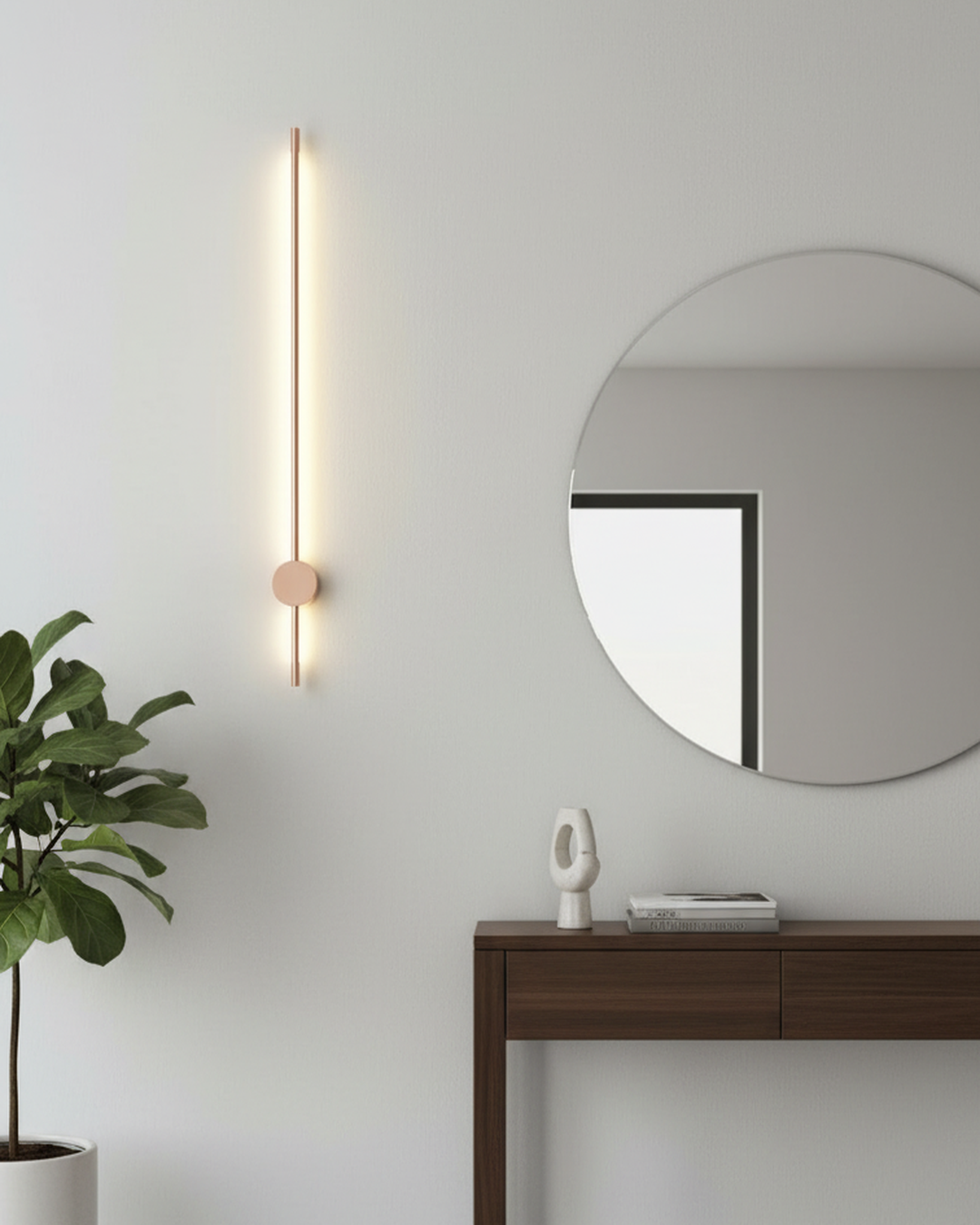 Swanart modern LED wall sconce in black and rose gold, 80cm tall, with warm white ambient light, minimalist indoor decorative lamp