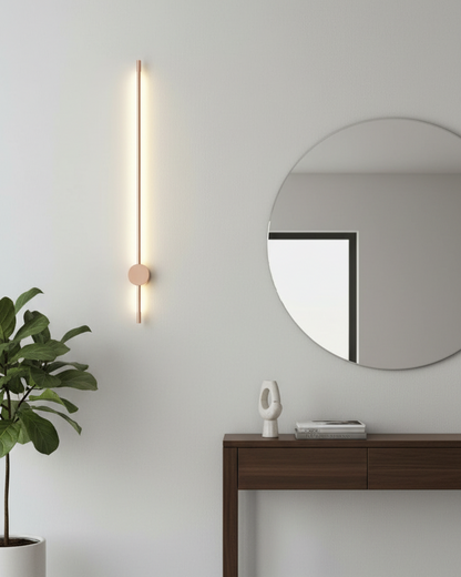 Swanart modern LED wall sconce in black and rose gold, 80cm tall, with warm white ambient light, minimalist indoor decorative lamp