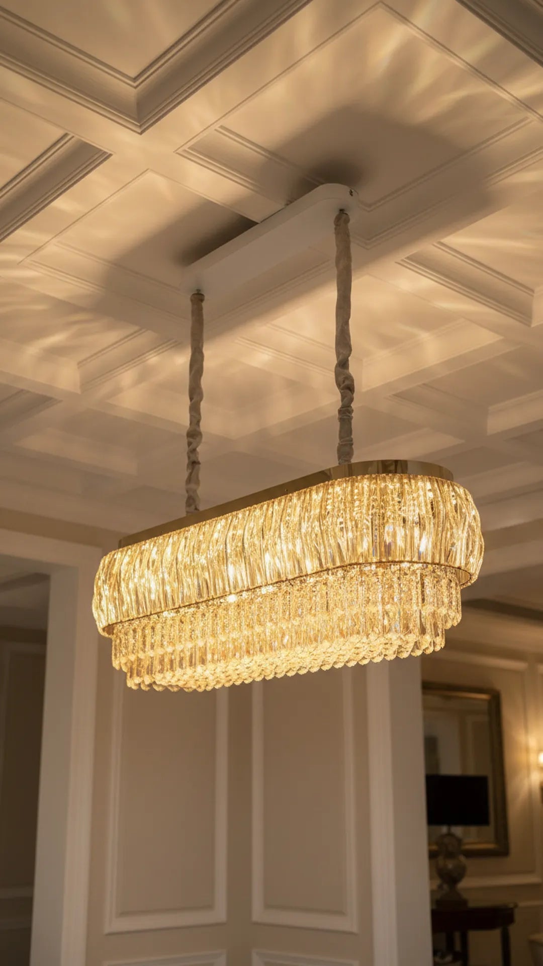 Swanart Luxury Rectangular Crystal Chandelier 95cm Modern LED Ceiling Hanging Light 4 Layer Gold Crystal Pendant Lamp for Dining Table Living Room Hotel Lobby Restaurant Decorative Lighting