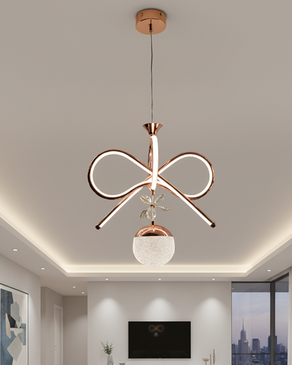 Swanart modern infinity loop LED pendant chandelier with rose gold finish, crystal accents, glass globe, hanging decorative light for living room