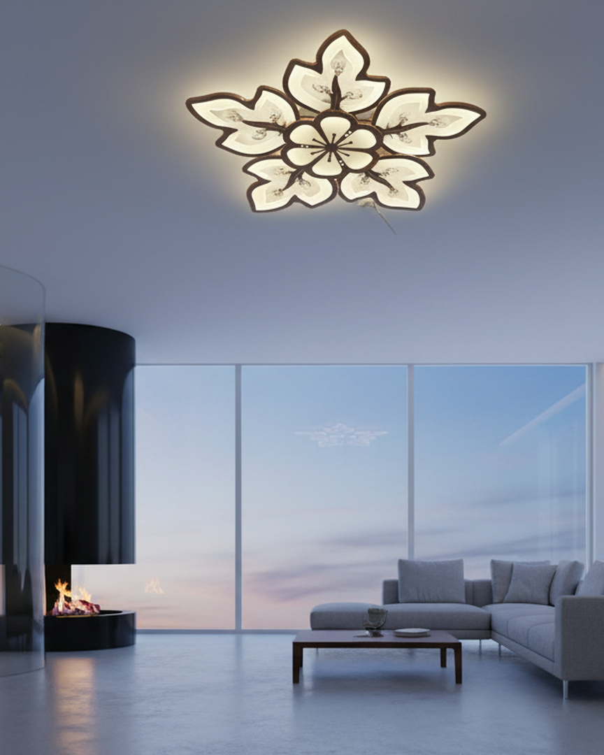 Swanart floral ceiling light with rose gold flower design, featuring delicate petals and a soft glowing illumination in a creative studio setting.