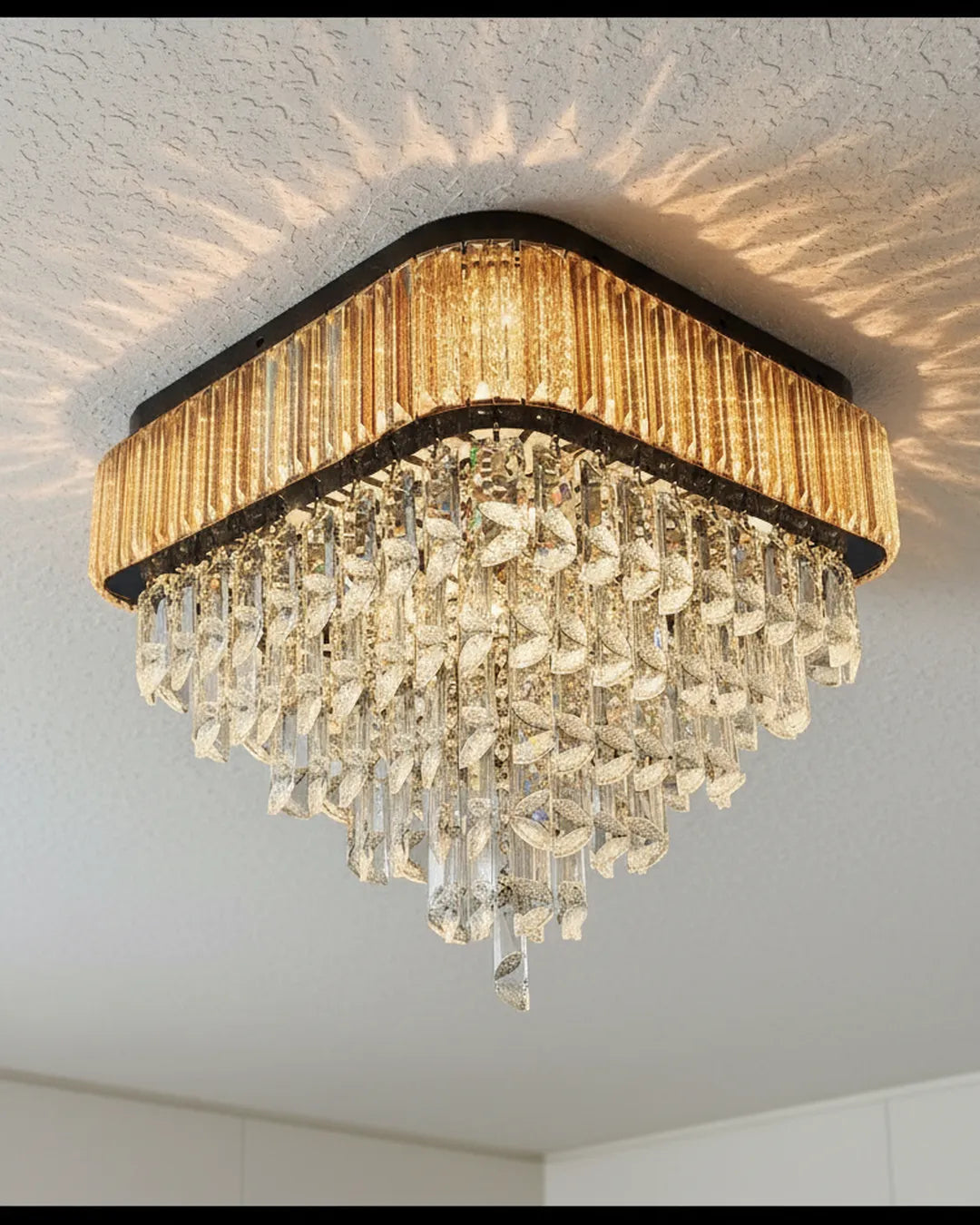 Swanart modern crystal chandelier with gold finish, square design, hanging LED pendant light suitable for living, dining, bedroom, hallway