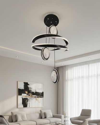 Modern Swanart hanging light fixture with a sleek, minimalist design and creative studio backdrop.