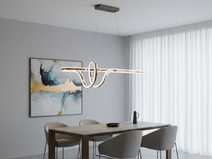 Swanart modern LED wave pendant chandelier hanging above a dining table, featuring artistic, contemporary linear LED lighting fixture.