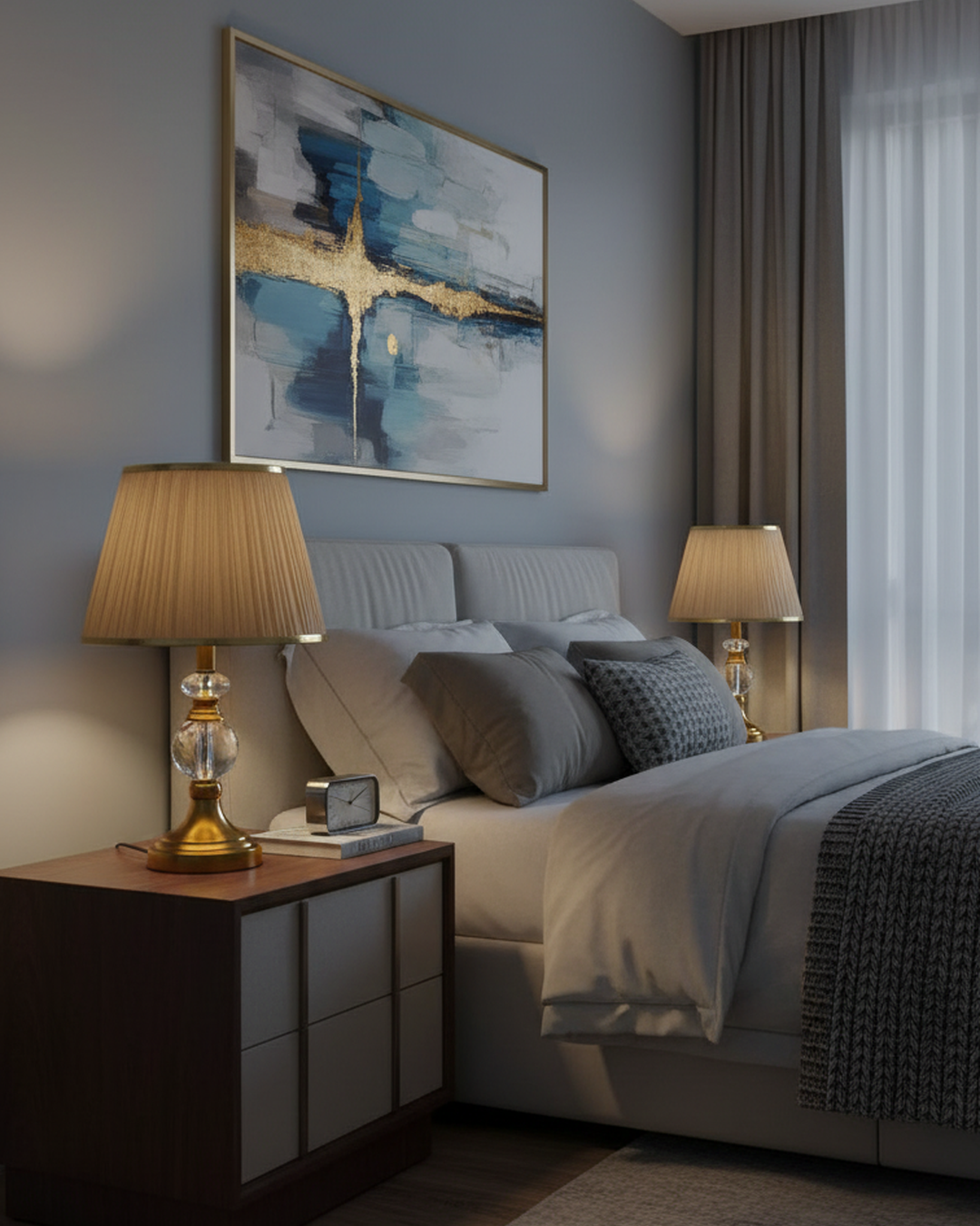 Swanart modern bedside table lamp with crystal base and fabric shade, providing warm ambient lighting for bedroom or living room.