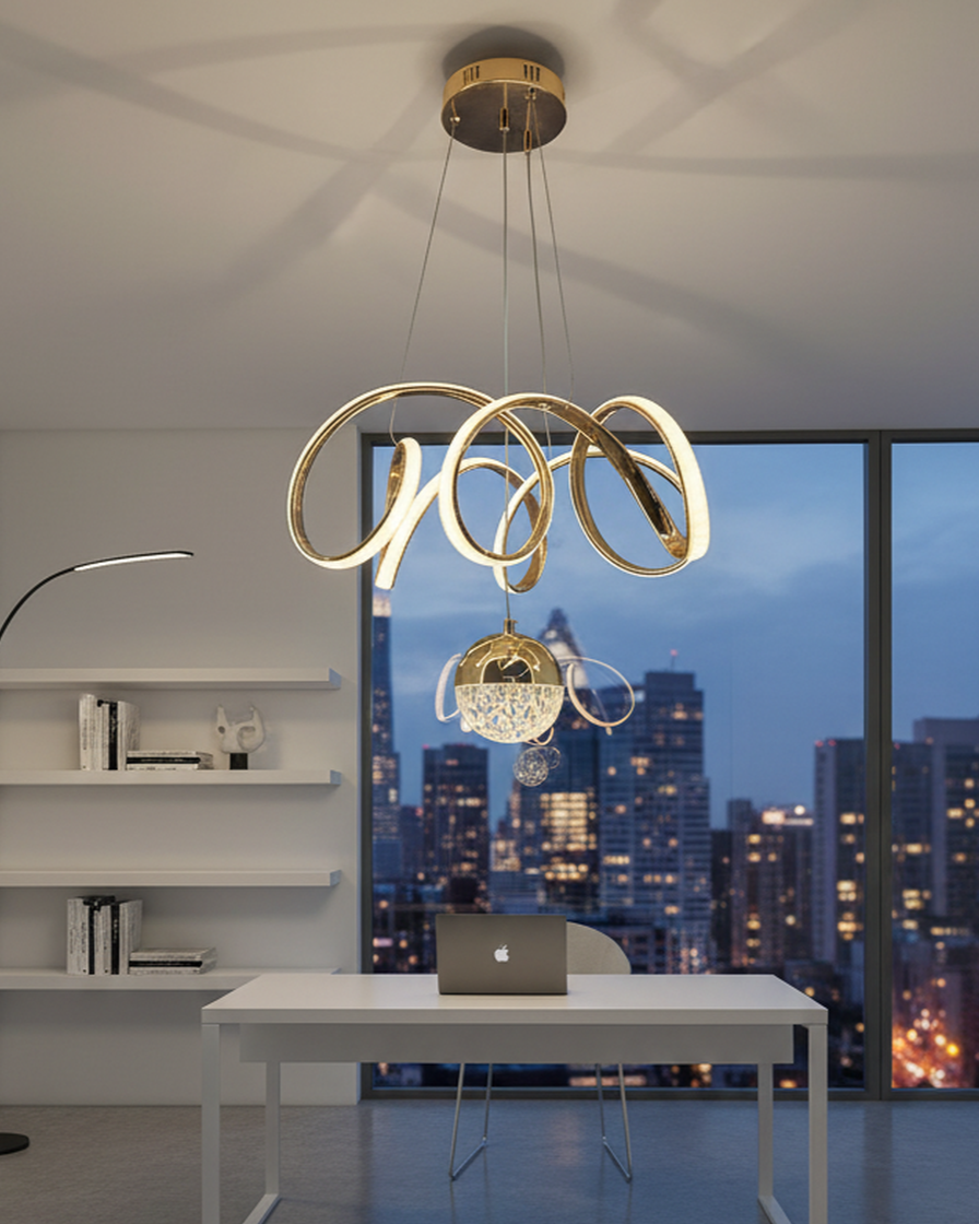 Swanart fiberglass Vortex pendant light with contemporary chic profile, LED hanging fixture suitable for residential and professional spaces.
