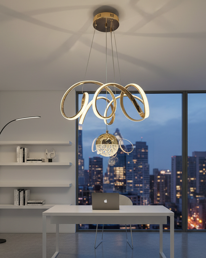 Swanart fiberglass Vortex pendant light with contemporary chic profile, LED hanging fixture suitable for residential and professional spaces.