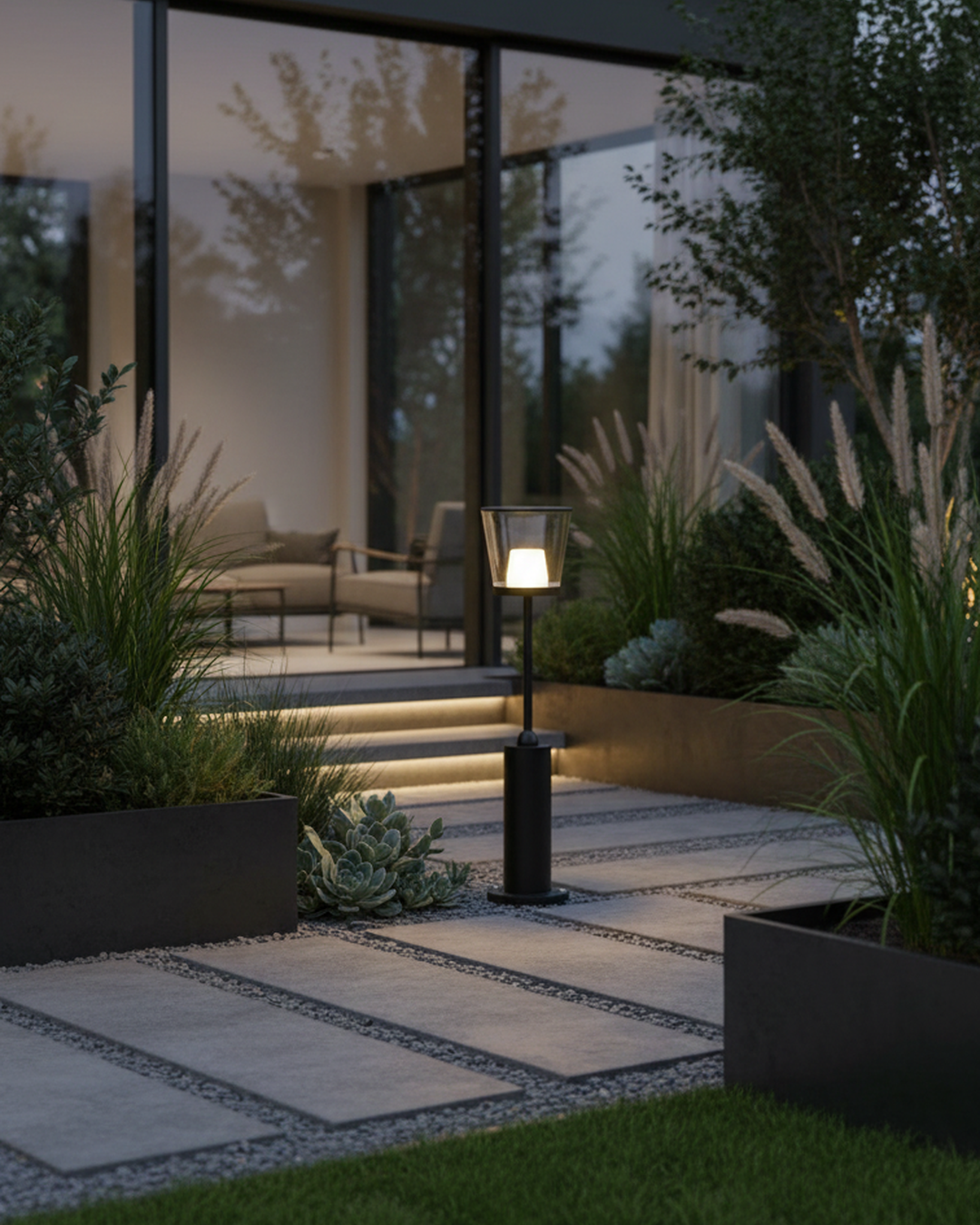 Swanart outdoor bollard light with waterproof design, modern LED garden lamp illuminating lawn, patio, and walkway areas.