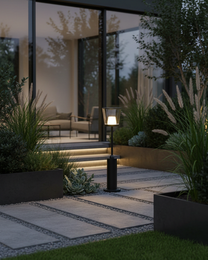 Swanart outdoor bollard light with waterproof design, modern LED garden lamp illuminating lawn, patio, and walkway areas.