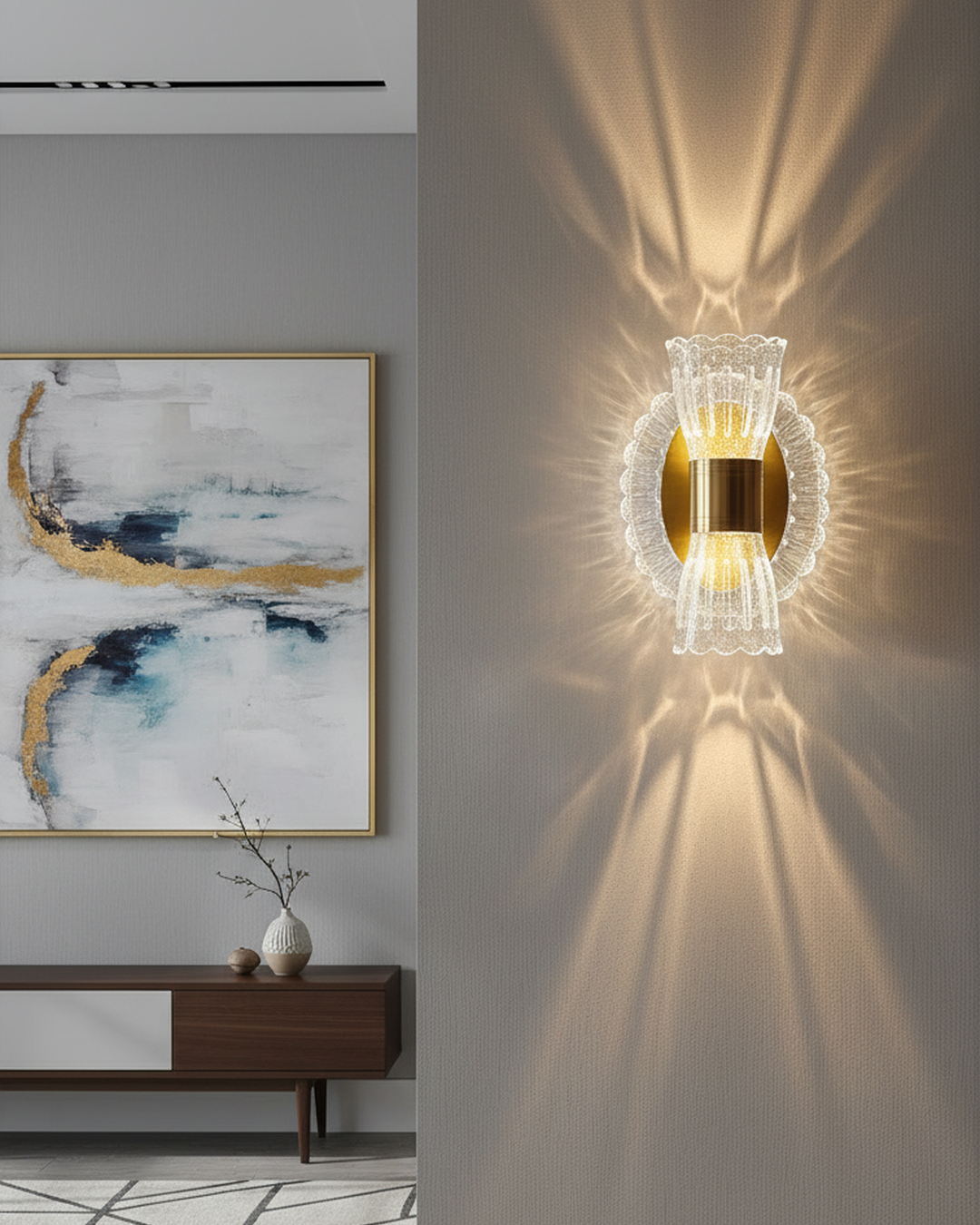 Swanart modern LED crystal wall light with gold acrylic finish, decorative up-down sconce for living room, hallway, or staircase.