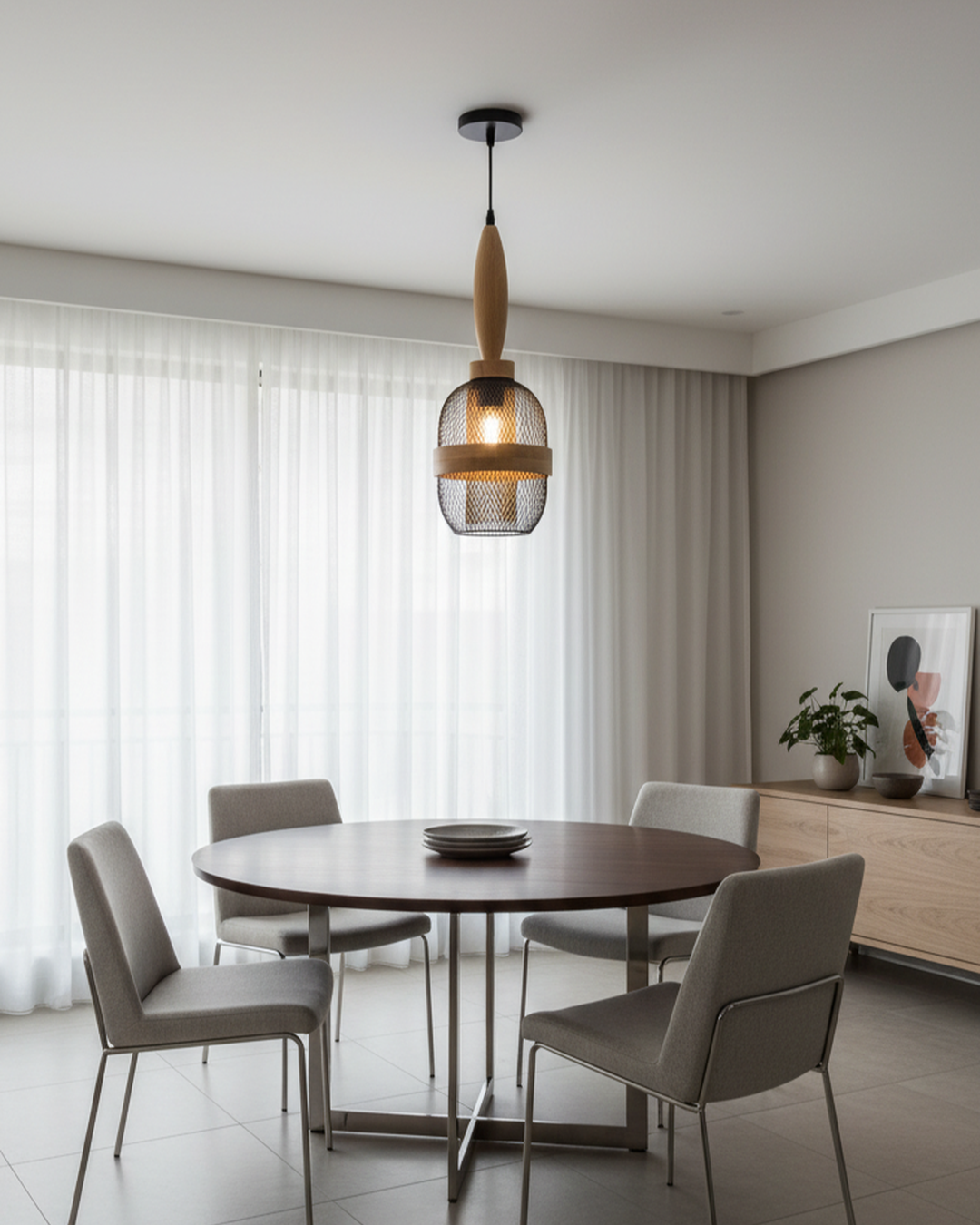 Swanart Modern Wooden Mesh Pendant Light, Decorative Hanging Light with Black Metal Cage Shade, Rustic Ceiling Lamp for Dining Room, Kitchen Island, Living Room, Pendant Light Fixture