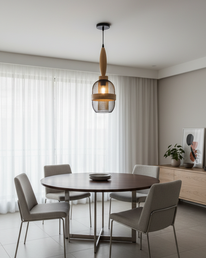 Swanart Modern Wooden Mesh Pendant Light, Decorative Hanging Light with Black Metal Cage Shade, Rustic Ceiling Lamp for Dining Room, Kitchen Island, Living Room, Pendant Light Fixture
