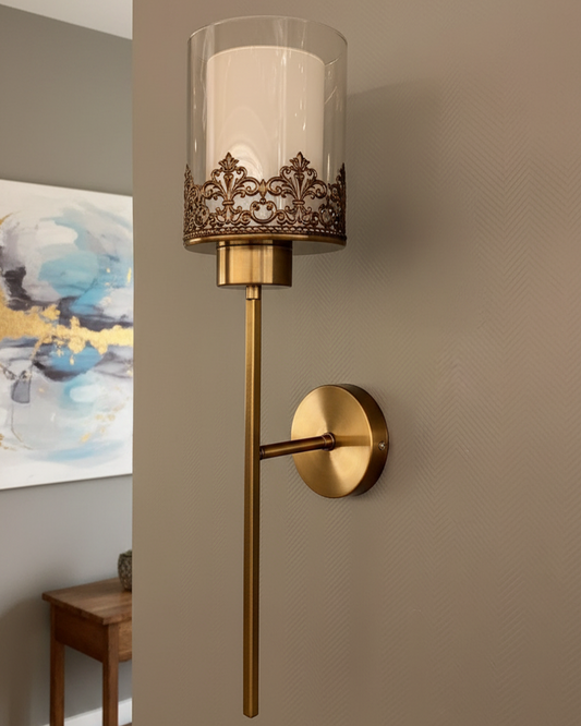 Swanart modern gold wall light with glass shade, vintage metal sconce for living room or bedroom, warm ambient lighting fixture