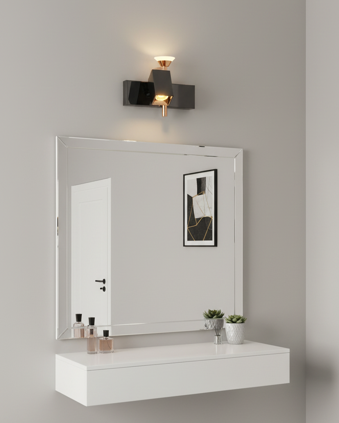 Modern black and rose gold Swanart wall sconce with dual LED lights, adjustable angles, for living room, bedroom, or office decor.