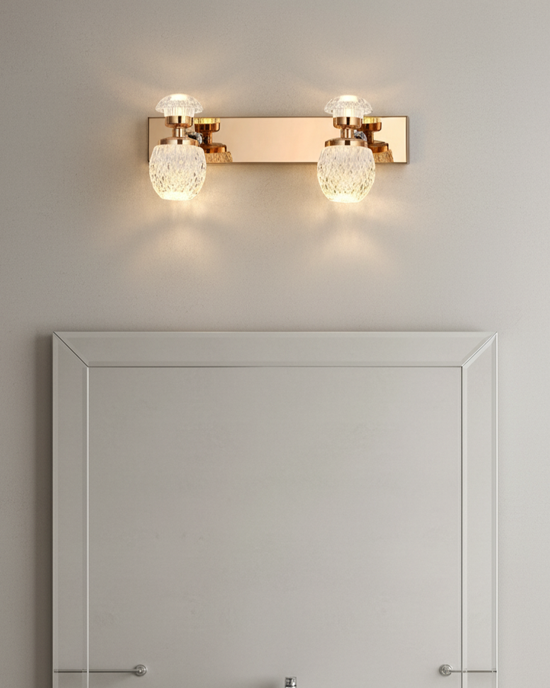 Swanart luxury crystal glass double LED wall light with golden mirror finish, modern design, 32cm wide, ideal for bedroom or living room.
