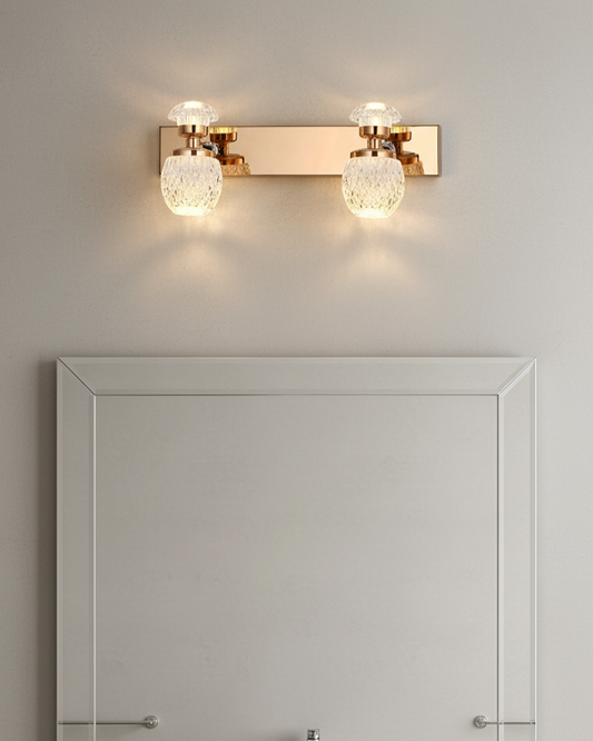 Swanart luxury crystal glass double LED wall light with golden mirror finish, modern design, 32cm wide, ideal for bedroom or living room.